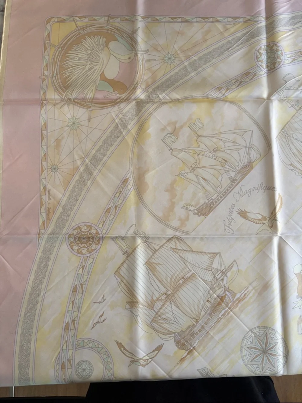 Vintage Hermès Frégates Magnifiques Silk Scarf, pastel pink, yellow and brown.